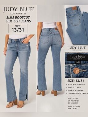 Judy Blue Slim Bootcut Jeans 13/31 Medium Wash Stretch Side Slit Hem